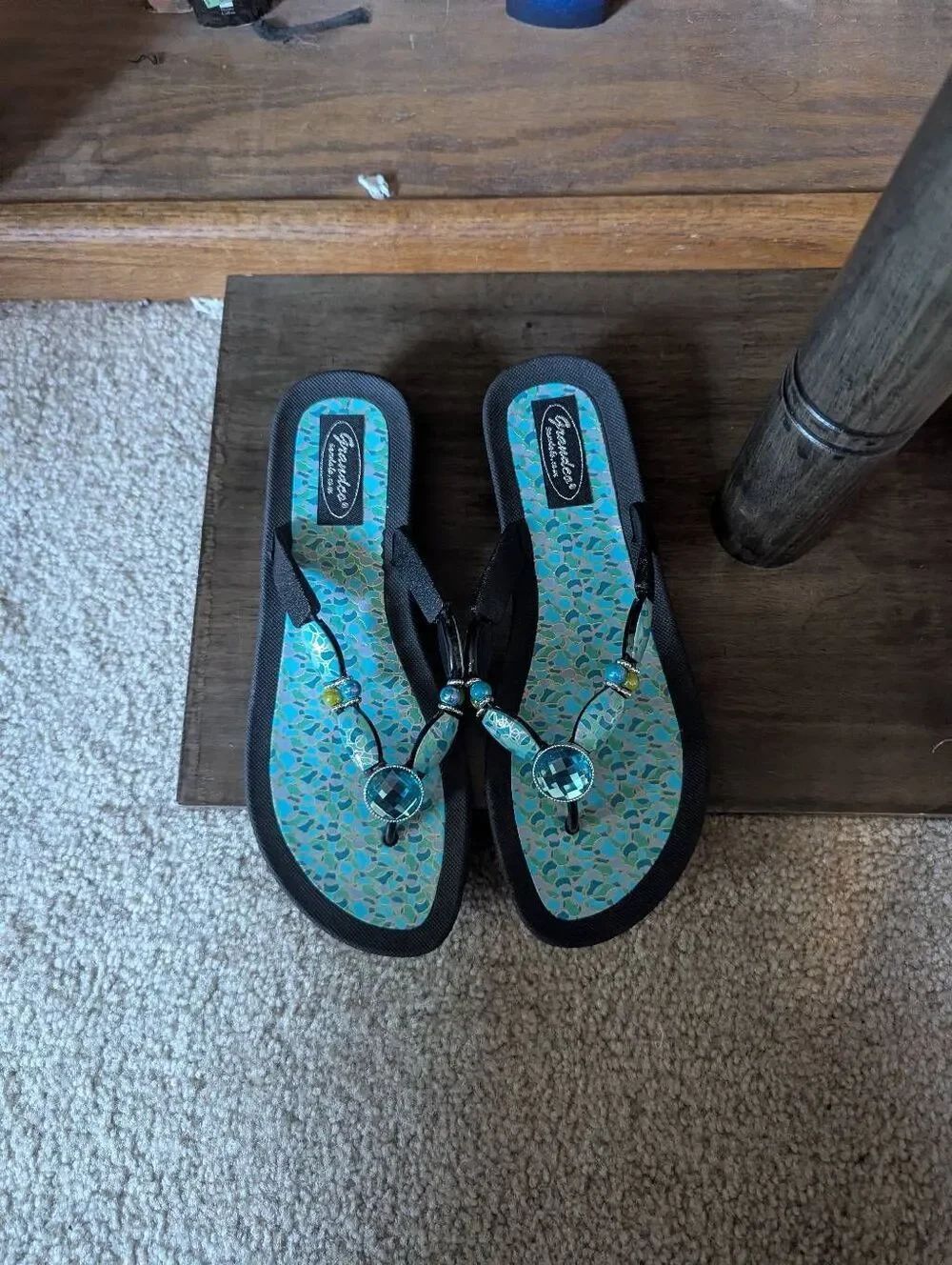 Grandco Women Beaded Thong Sandals Blue Green Rhinestone Boho Beach Flip Flops 9